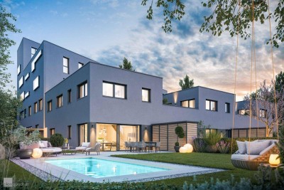 Neubau, bezugsbereit: Exklusive Familienwohnung mit Garten &amp; Pool