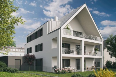 Modernes Wohnhaus (mit 4 Einheiten) nahe dem Wasserwald - Charmante Eigentumswohnung TOP 3 mit Balkon und Gartenanteil