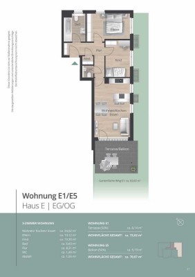 E1 - Großzügige 3 Zimmer Gartenwohnung, lichtdurchflutet und großzügig geschnitten mit 83 qm Garten