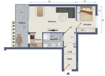 Möblierte 2 Zimmer-Wohnung mit Balkon in Nürnberg Maxfeld direkt am Stadtpark