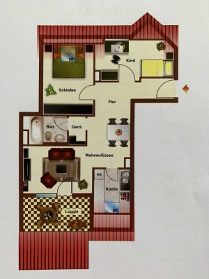 3 Zimmer DG-Wohnung 62qm in Dagersheim (unbefristet)