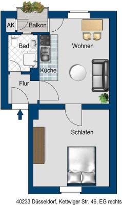 Flingern: gemütliche 1-Zimmer-Wohnung mir separater Küche und Balkon