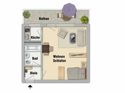 Ismaning - 1 Zimmerwohnung, Küche, Flur, Bad mit WC, Balkon, Kellerabteil