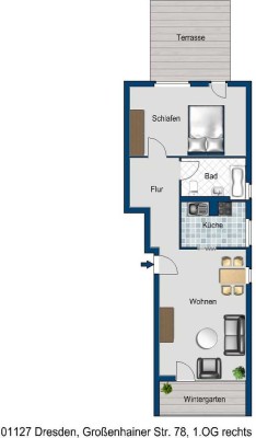 2 Raum Wohnung mit Dachterrasse und Wintergarten