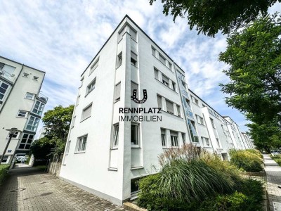 Helle 3,5-Zimmer-Wohnung mit West-Balkon, 2 Bädern und 2 TG-Stellplätzen am Rennplatz.