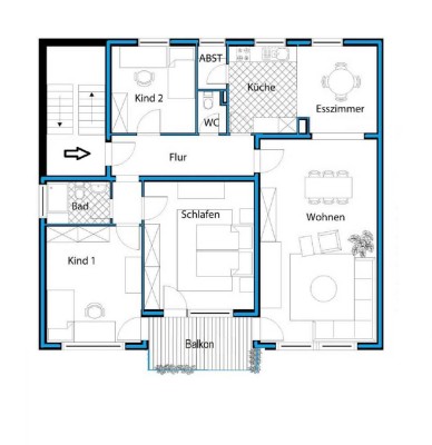 Große, helle 5 Zimmer Wohnung mit großer Wohnküche und großem Südbalkon plus eig. Gartenanteil