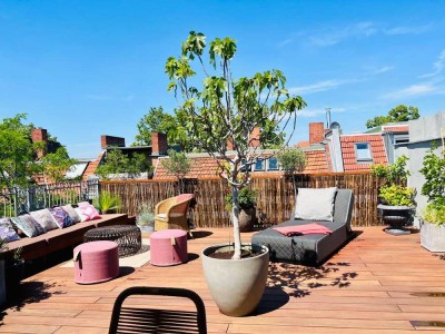 Landhaus-Feeling im 5. Stock ohne Dachschrägen, Dachterrasse