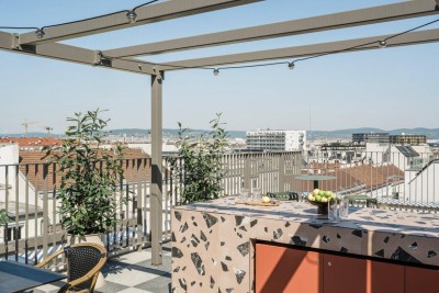 JONN-Y möbliertes 2-Zimmerapartment mit Terrasse / Pauschalmiete inkl. Gym, Sauna, Dachterrasse, Community Area, Internet etc.! 7 Min. zum Stephansplatz!