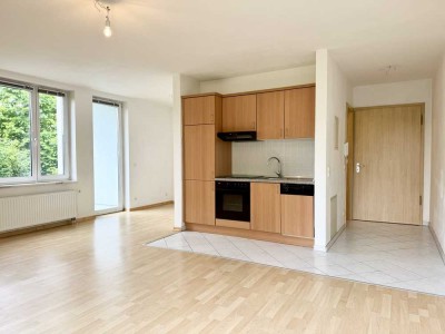 Helle 1-Zimmer-Wohnung mit großem Westgarten und Terrasse.