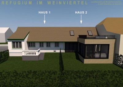 Refugium im Weinviertel – Baubewilligtes Doppelhaus im Landhausstil mit Winzerhauscharme – Zwei Doppelhaushälften mit getrennten Eigengärten als günstige Gelegenheit zum Sanieren und Fertigbauen!