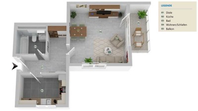 Tolle 1 Zimmer Wohnung mit Einbauküche und Balkon in ruhiger Lage