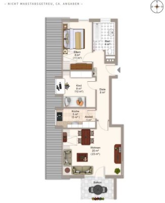 Lerchenau/Sonnige, großzügig geschnittene Dachgeschosswohnung mit Balkon u. Gartenblick in Parknähe.