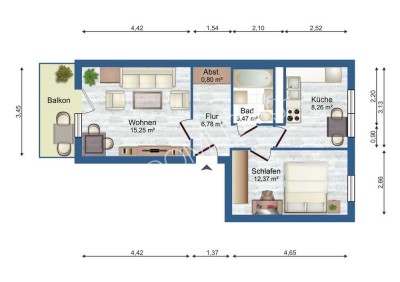 Gemütliche 2-Zimmer-Wohnung im 1. Obergeschoss mit Balkon und Badewanne