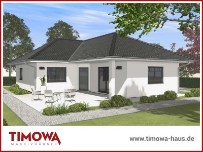 Moderner Bungalow mit einer überdachten Terrasse und einer integrierten Garage