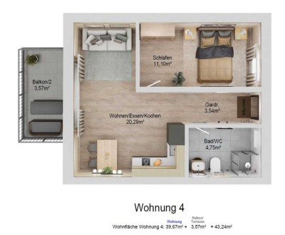 2-Zimmer Wohnung im 1. Obergeschoss 7qm Westbalkon