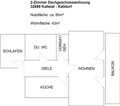 2 Zimmer Dachgeschosswohnung in Kalletal Kalldorf, 2ZKDB, Balkon
