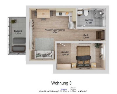 2-Zimmer Wohnung im 1. Obergeschoss mit 7 qm Westbalkon