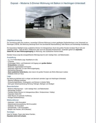 Neuwertige 3-Raum-Wohnung mit Balkon und Einbauküche in Hechingen
