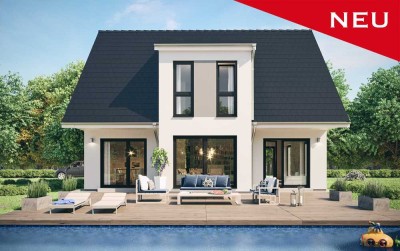 Modernes KFW 40 ScanHaus mit Grundstückhinweis in Heidgraben