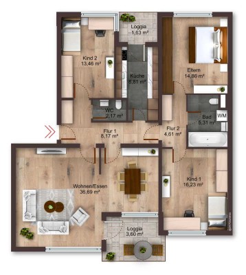 Im Grünen: 4 Zimmer, zwei Loggien, Garage und genug Platz für die ganze Familie