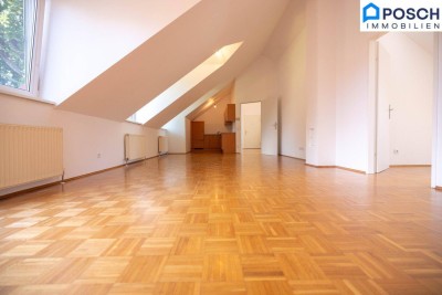 ! Schöne 3 Zimmer mit 36 m² Wohnküche und 7,8 m² Balkon, grüner Innenhof, hell, ruhig, 1. OG, Dachgeschoss, D !