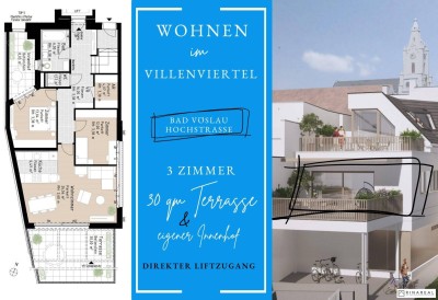 PROVISIONSFREI | 3 Zimmer Wohnung mit traumhafter Terrasse + eigenem kl. Innenhof (1.OG) inkl. zwei Tiefgaragenstellplätze | Hochstraße - Ruhelage | Fertigstellung Mitte 2025 (Gebäude D - Top 4)