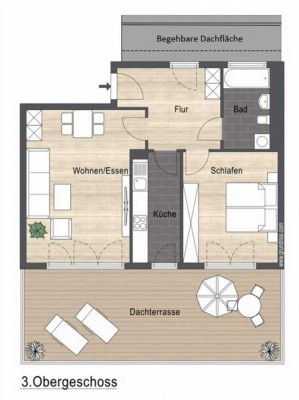 Zwei Zimmer Dachterrassen Wohnung, absolut hell und ruhig.