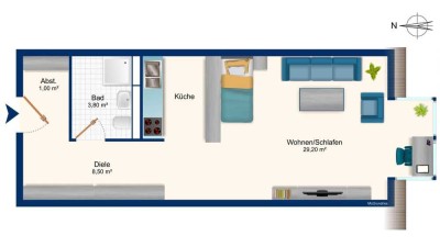 Großzügige 1-Zimmer-Wohnung in sonniger Wohnlage