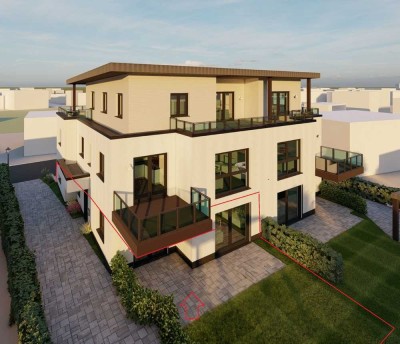 Neubau– Erstbezug! Moderne Erdgeschosswohnung in ruhiger Süd-West-Lage mit Terrasse + kl Grun