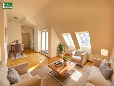 Moderne Dachgeschosswohnung mit großer Terrasse nahe Arthaberplatz in ruhiger Seitengasse! Hohe Decken und Traumbad mit Fenster