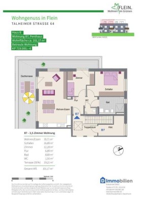 Penthaus Wohnung und großzügige Dachterrasse mit Ausblick , 2 WC's und Tageslichtbad