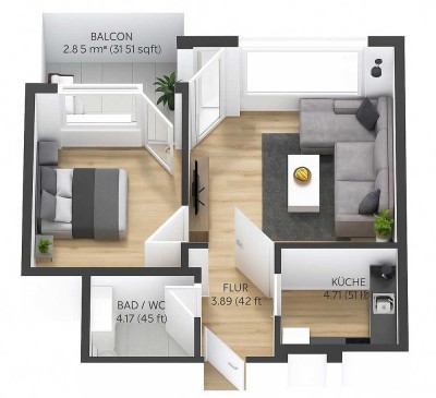 Moderne 2-Zimmer-Wohnung im Erdgeschoss mit Balkon und Garttenanteil