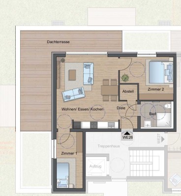 Dreizimmerwohnung, mit 32 Qm. großer Dachterrasse und Personenaufzug im 2. OG,