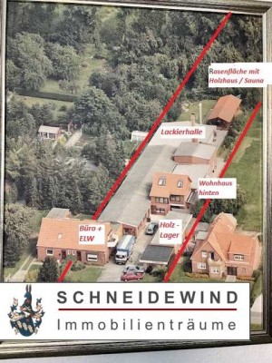 2 Wohnhäuser
+ Gewerbehalle + Büro mit Garagen
+ Carport + Holzhaus + Sauna
+ 2.609 m² Grdstk.