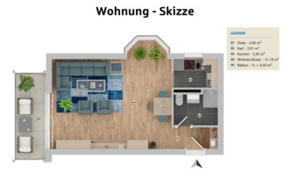 Bad Herrenalb Stadt - Stilvolle, gepflegte 1-Raum-Wohnung mit Balkon und EBK in Bad Herrenalb