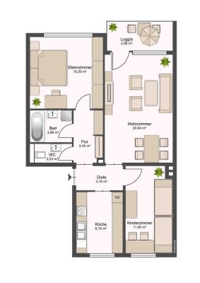 73 m²; I. OG, Loggia - 4 Zimmer - Einbauküche - kurzfristiger Bezug möglich
