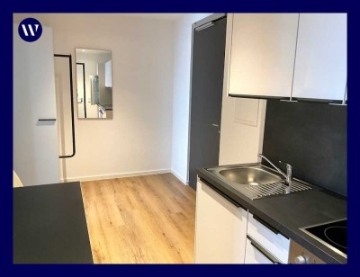 Möbliertes 2-Zi.-Apartment Nähe FH: Essdiele mit Einbauküche, Wohn- + Schlafzimmer, Duschbad, Aufzug