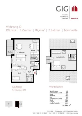 WE10 | Neubau | Maisonette | 2 Balkone | 3 Zimmer | ca. 84 m² | DG | Kellerraum