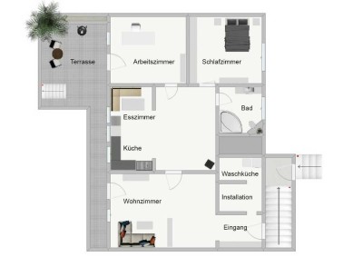 Möblierte 3,5-Zimmer-Souterrain-Wohnung mit Terrasse und Gartenmitbenutzung