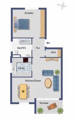 Frisch renovierte 2,5 Zimmer Wohnung mit neuer Einbauküche,Terrasse, Stellplatz & Keller in Bad Dürr