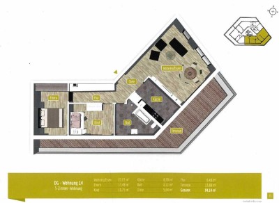 Sonnige 3-Zimmer-Penthouse-Wohnung mit EBK, Dachterrasse, Teilmöbliert
