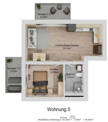 2-Zimmer Wohnung im 1. Obergeschoss mit 2 Terrassen