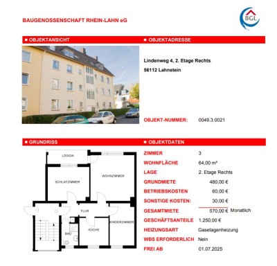 Schöne, günstige Dreizimmerwohnung in Lahnstein bei der Wohnungsbaugenossenschaft