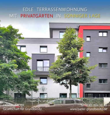 + EDLE TERASSENWOHNUNG + ZWEI PRIVATGÄRTEN + SÜDWEST-LAGE + GEHOBENE INNENAUSSTATTUNG + TIEFGARAGE +