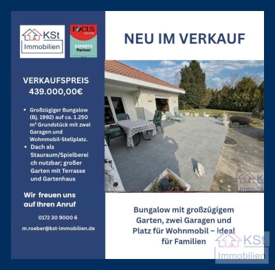 Bungalow mit großzügigem Garten, zwei Garagen und Platz für Wohnmobil – ideal für Familien