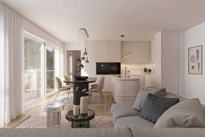 Neubau: Idealer Grundriss und Westausrichtung: Exklusive 3-Zimmer-Neubauwohnung mit Dachterrasse