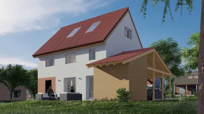 Architektenhaus: Klimafreundlicher Neubau nach KfW eines Einfamilienhaus mit Carport