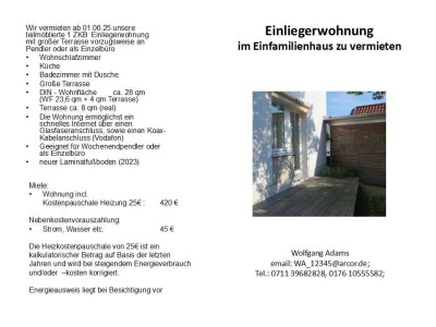 Exklusive, gepflegte 1-Zimmer-Erdgeschosswohg mit Einbauk. in Wolfschlugen vorzugsweise an Pendler