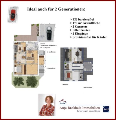 Ideal auch für 2 Generationen: EG barrierefrei, 170 m², 2 Carports, toller Garten, 2 Eingänge - p...