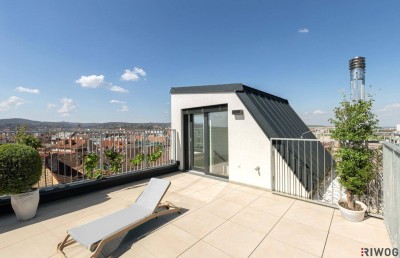 CITY VIEW &amp; STYLE II MODERNE DACHGESCHOSSWOHNUNG II PANORAMAFENSTER II TERRASSE + DACHTERRASSE MIT TRAUMBLICK II NÄHE UHLPLATZ II ANLEGERPREIS
